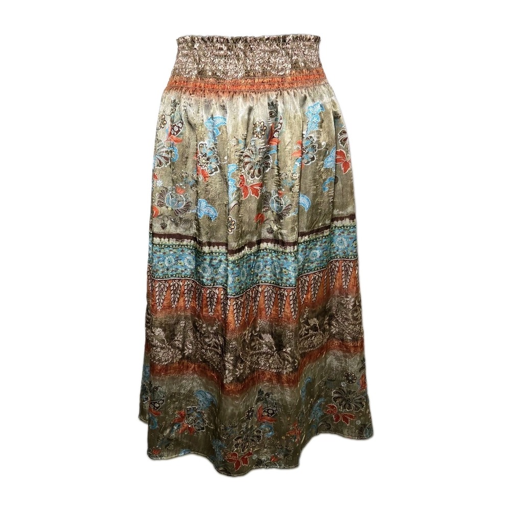 Petite Women's XL Boho Crinkle Satin Maxi Skirt Floral Paisley Sequined Pull-On